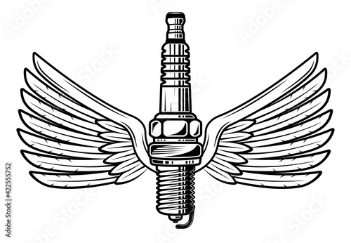 Spark plug with wings vector vintage black and white illustration in isolated on white background