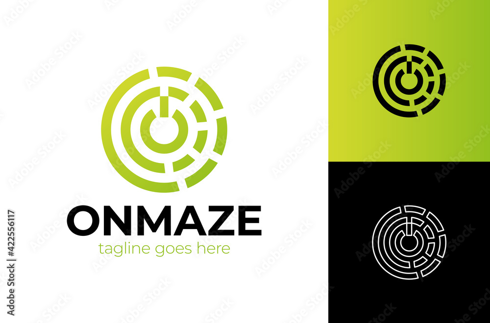 Initial letter o logo with on button template with circle lineart maze in flat design illustration.
