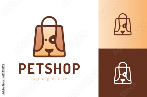shopping bag with dog petshop logo vector symbol Pet Shop logotype Modern animal icon labels for shops and bags, veterinary clinics, hospitals Flat illustration background with dog head