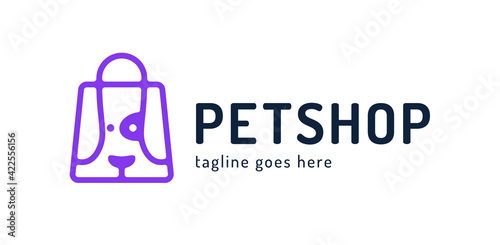 shopping bag with dog petshop logo vector symbol Pet Shop logotype Modern animal icon labels for shops and bags, veterinary clinics, hospitals Flat illustration background with dog head
