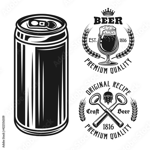 Beer can and two emblems, badges, labels or logos set of vector elements isolated on white background