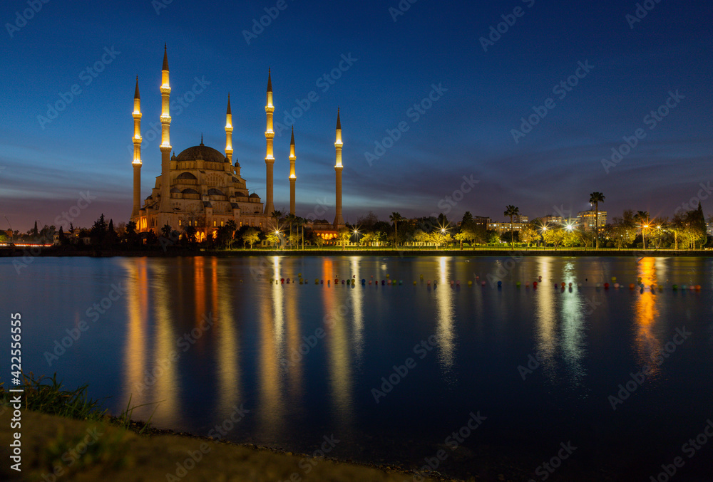 Blue hour long exposure and reflection view, Sabanci Central Mosque, Resatbey, Seyhan, Adana, Turkey
