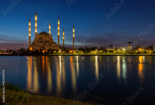 Blue hour long exposure and reflection view, Sabanci Central Mosque, Resatbey, Seyhan, Adana, Turkey