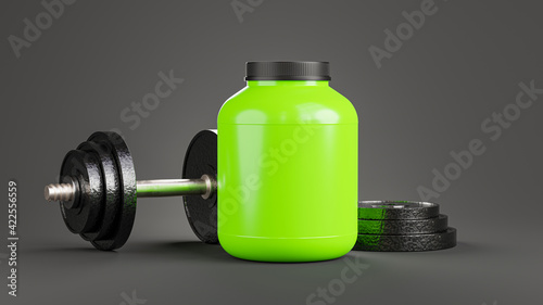 3d render of realistic whey protein bottle with dumbbell for your products