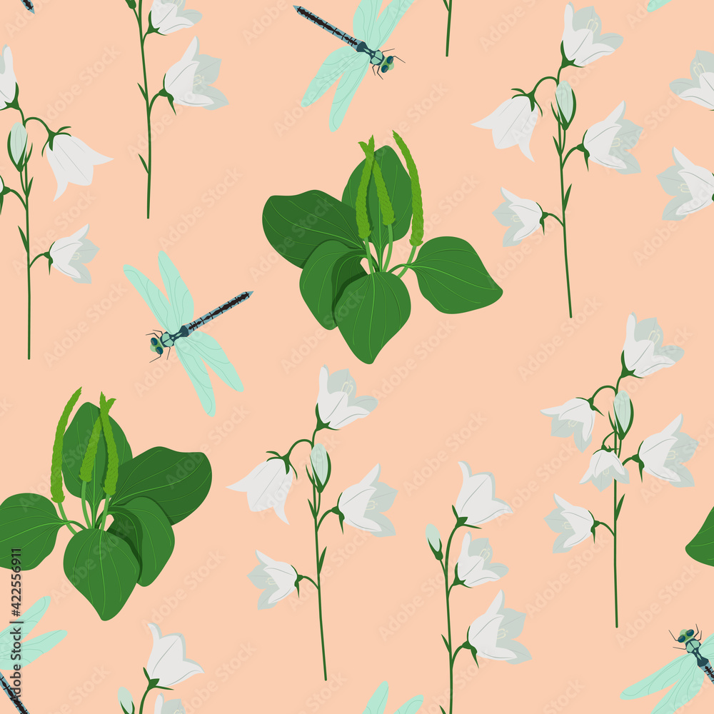 Seamless vector illustration with field bells , plantain and dragonflies on a beige background.