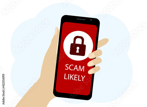 Hand with the phone. On-screen scam warning and lock icon