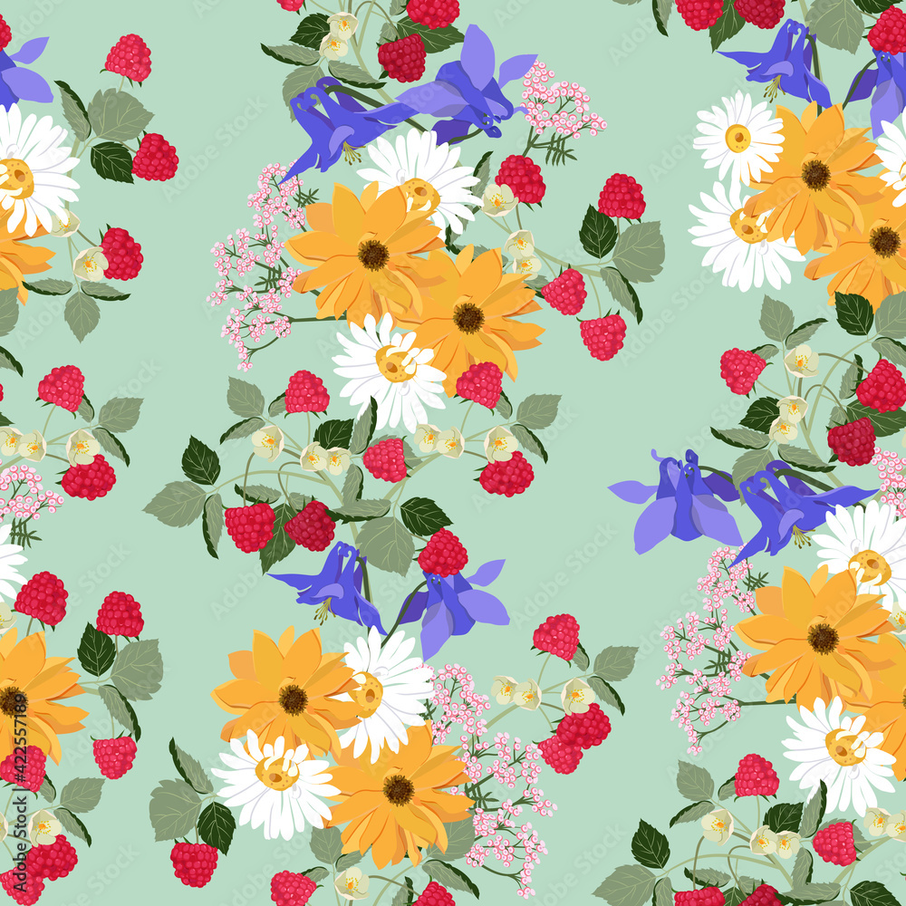 Seamless vector illustration with flowers and raspberries on a green background. Seamless vector illustration with flowers and raspberries on a green background.