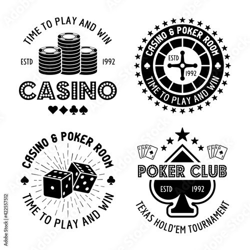 Casino and poker set of four vector monochrome typographic gambling emblems, labels, badges or logos in vintage style isolated on white background