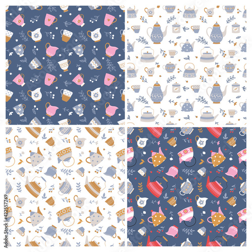 Set of seamless backgrounds with teapots and cups on a white and dark blue background. Simple cartoon style.