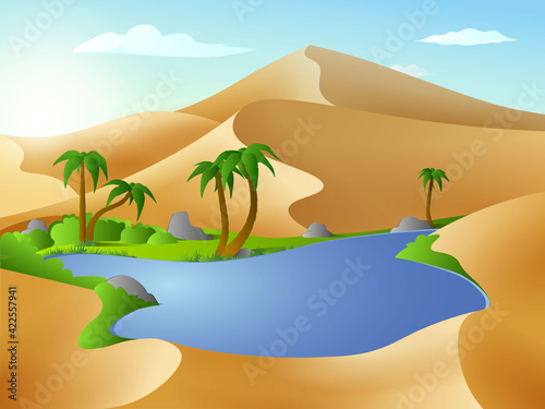Oasis in the desert dunes. Panorama or landscape of desert with oasis