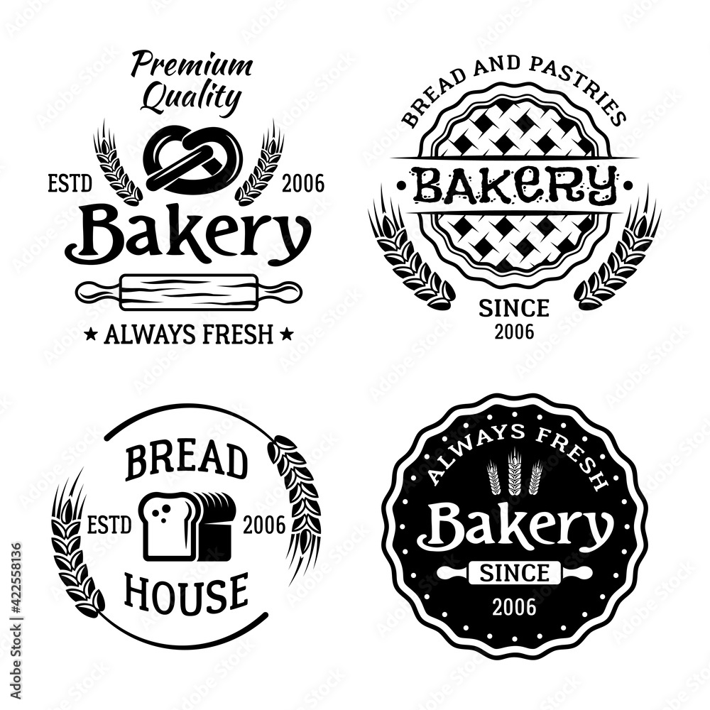 Fototapeta premium Bakery and pastries set of four vector monochrome emblems, badges, labels isolated on white background