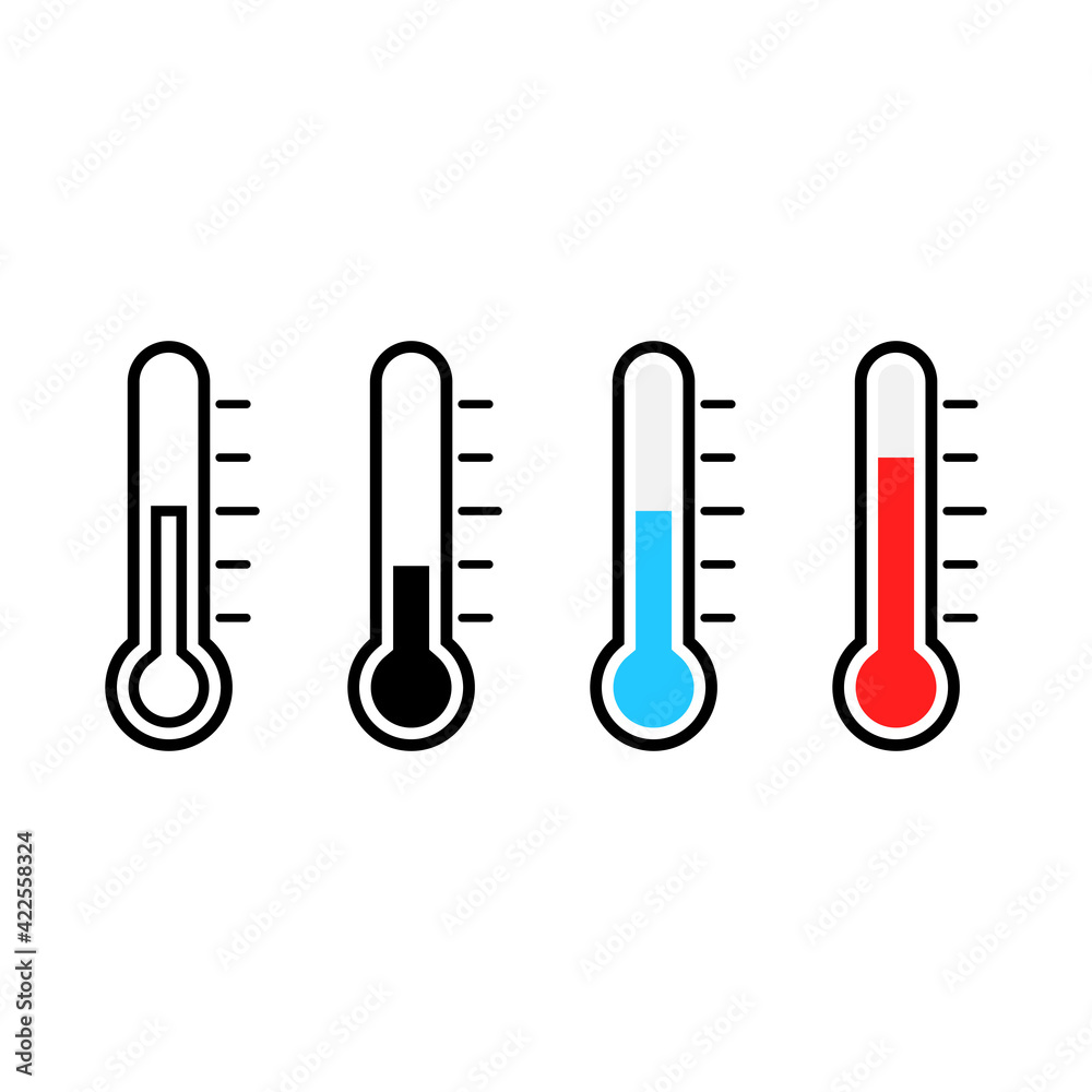 Thermometer icon set. Measurement instrument collection. Weather thermometer with blue, red, black and outline. Devices with different cold and hot temperature. Vector illustration isolated on white. Thermometer icon set. Measurement instrument collection. Weather thermometer with blue, red, black and outline. Devices with different cold and hot temperature. Vector illustration isolated on white.
