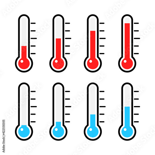 Thermometer icon set. Measurement instrument large collection. Weather thermometer with blue an red mercury. Devices with different cold and hot temperature. Vector illustration isolated on white.