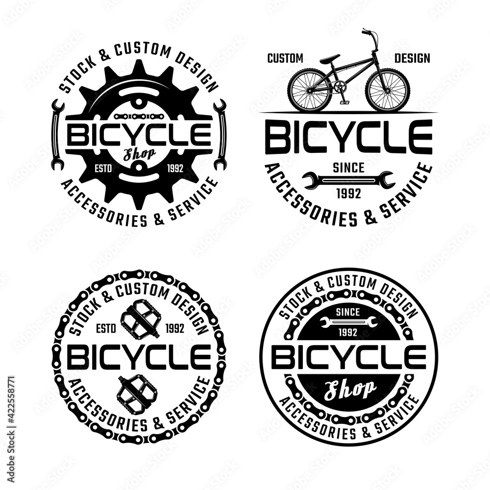 Bicycle shop and repair service set of four vector monochrome emblems, badges, labels or logos isolated on white background