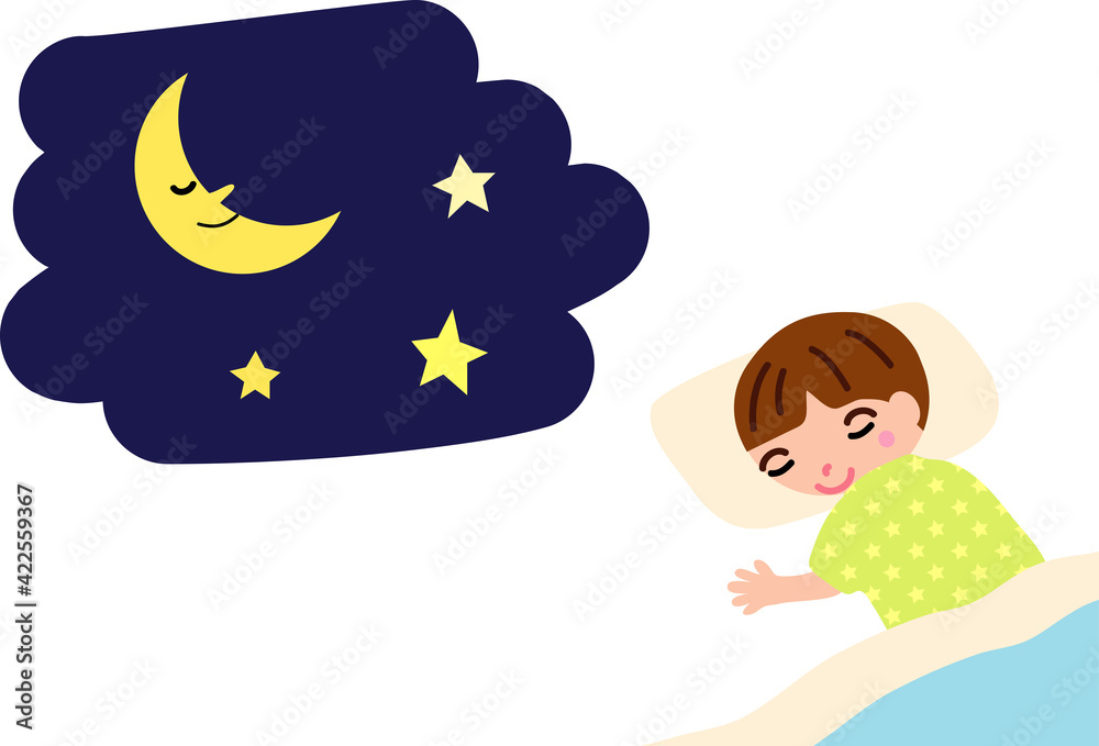 お月様とベッドで眠る男の子 お月様とベッドで眠る男の子