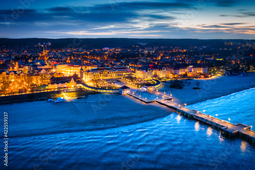 Beautiful pier (Molo) in Sopot by the Baltic Sea at dusk, Poland