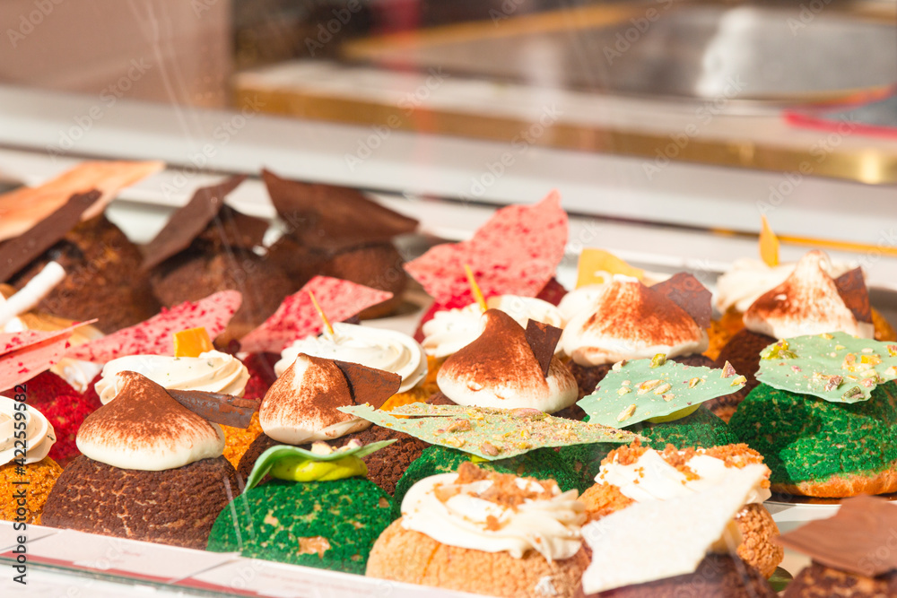 Colorful sweets in patisserie shop