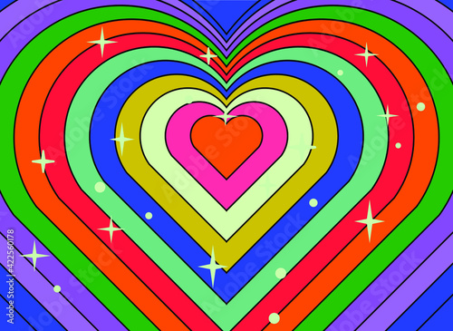 Tunnel of Concentric hearts in pastel colors. Romantic cute background in pop art hippie style.