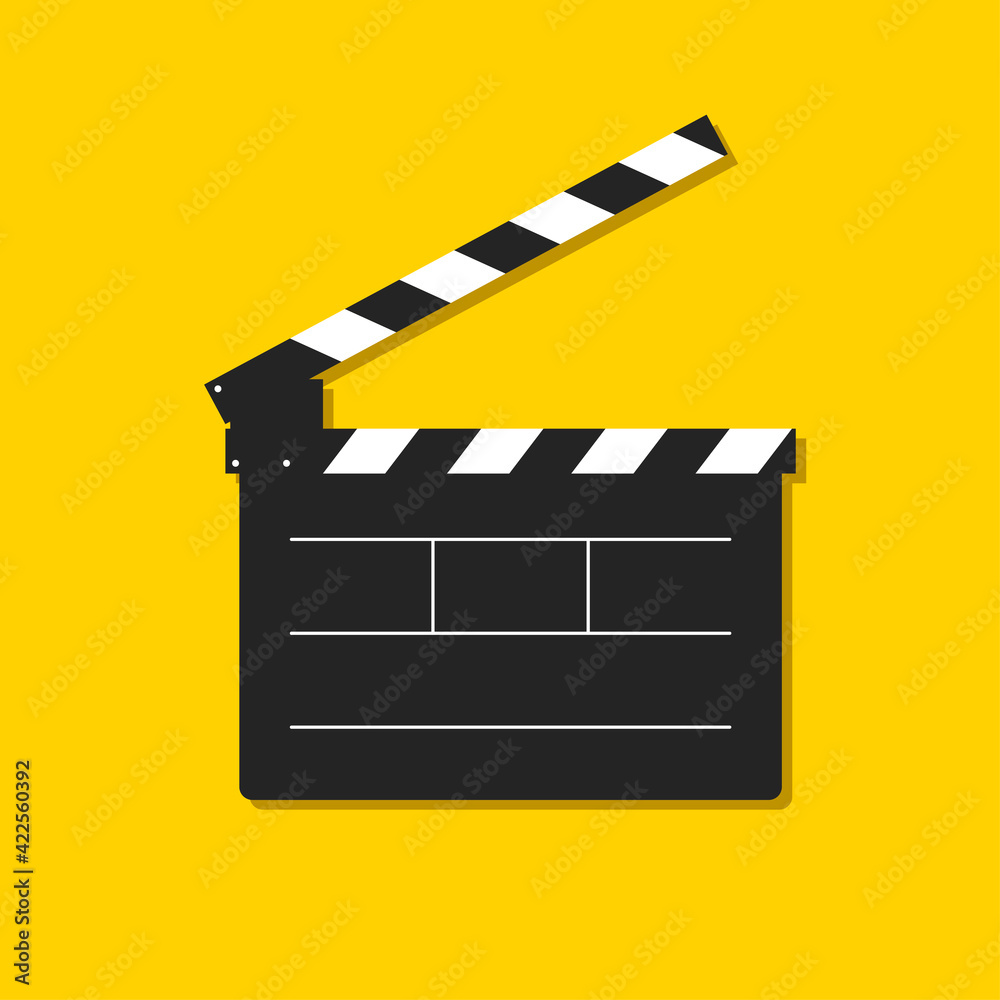Obraz premium Clapperboard isolated on yellow background. Conomography concept. Template for the director's instructions, the produce. Flat style. Vector illustration