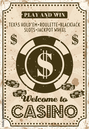 Casino and poker room advertising poster in vintage style with grunge textures vector layered illustration