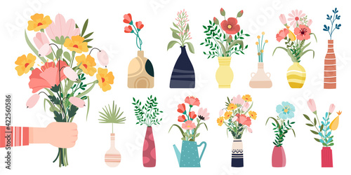 Fresh flowers bouquets. Summer bouquet set isolated, woman flowers gift, tulips and daisies, lilacs and daffodils spring bunches vector illustration