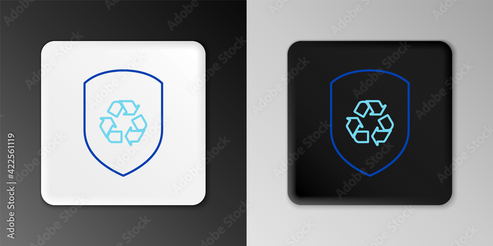 Line Recycle symbol inside shield icon isolated on grey background. Eco protection sign. Colorful outline concept. Vector Line Recycle symbol inside shield icon isolated on grey background. Eco protection sign. Colorful outline concept. Vector