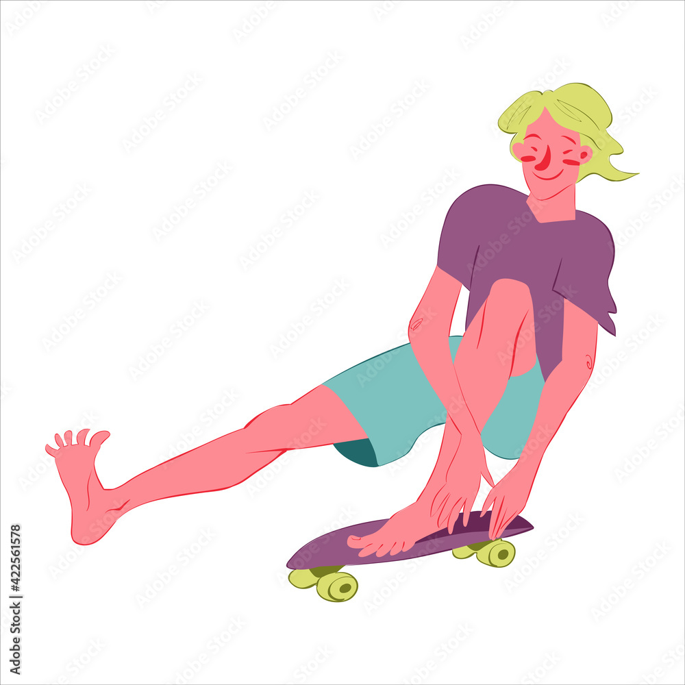Skateboarder guy flat vector illustration. Guy rides a skateboard on one leg and smiles. Used for flyer, banner, packing the goods, stickers. Isolated character on white background. Skateboarder guy flat vector illustration. Guy rides a skateboard on one leg and smiles. Used for flyer, banner, packing the goods, stickers. Isolated character on white background.