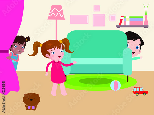 Kids playing hide and seek at home cartoon vector concept for banner, website, illustration, landing page, flyer, etc.