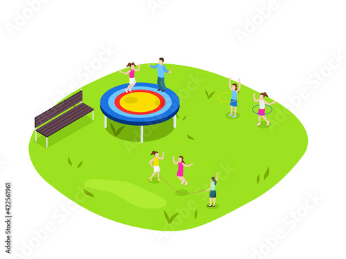 Kids having fun at park isometric 3d vector concept for banner, website, illustration, landing page, flyer, etc.
