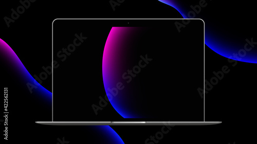Macbook Presentation Slide. Slide with Laptop Mockup on liquid bubbles background. Vector illustration