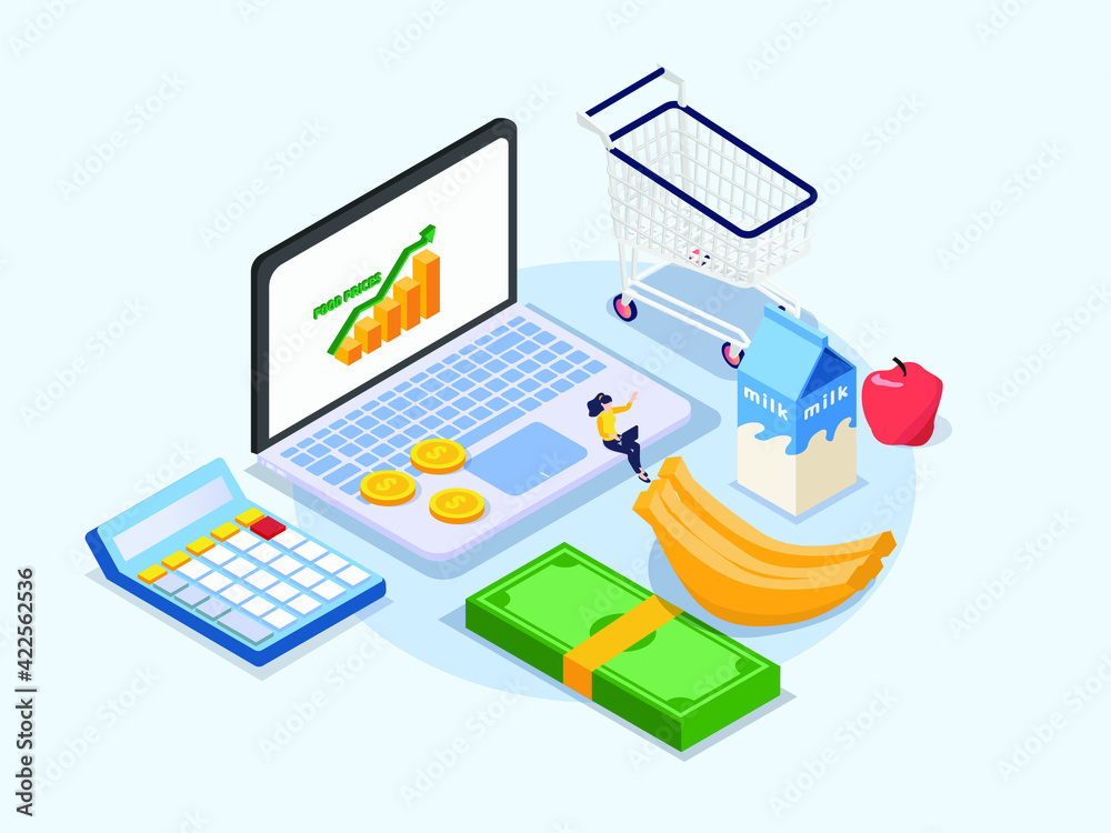 Woman with laptop and increasing food prices isometric 3d vector concept for banner, website, illustration, landing page, flyer, etc.