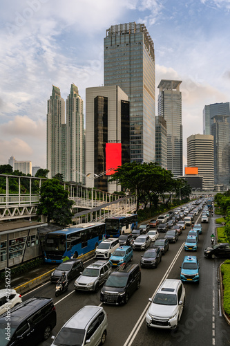Cars stuck in a traffic jam in the heart of Jakarta business district in Indonesia capital city.