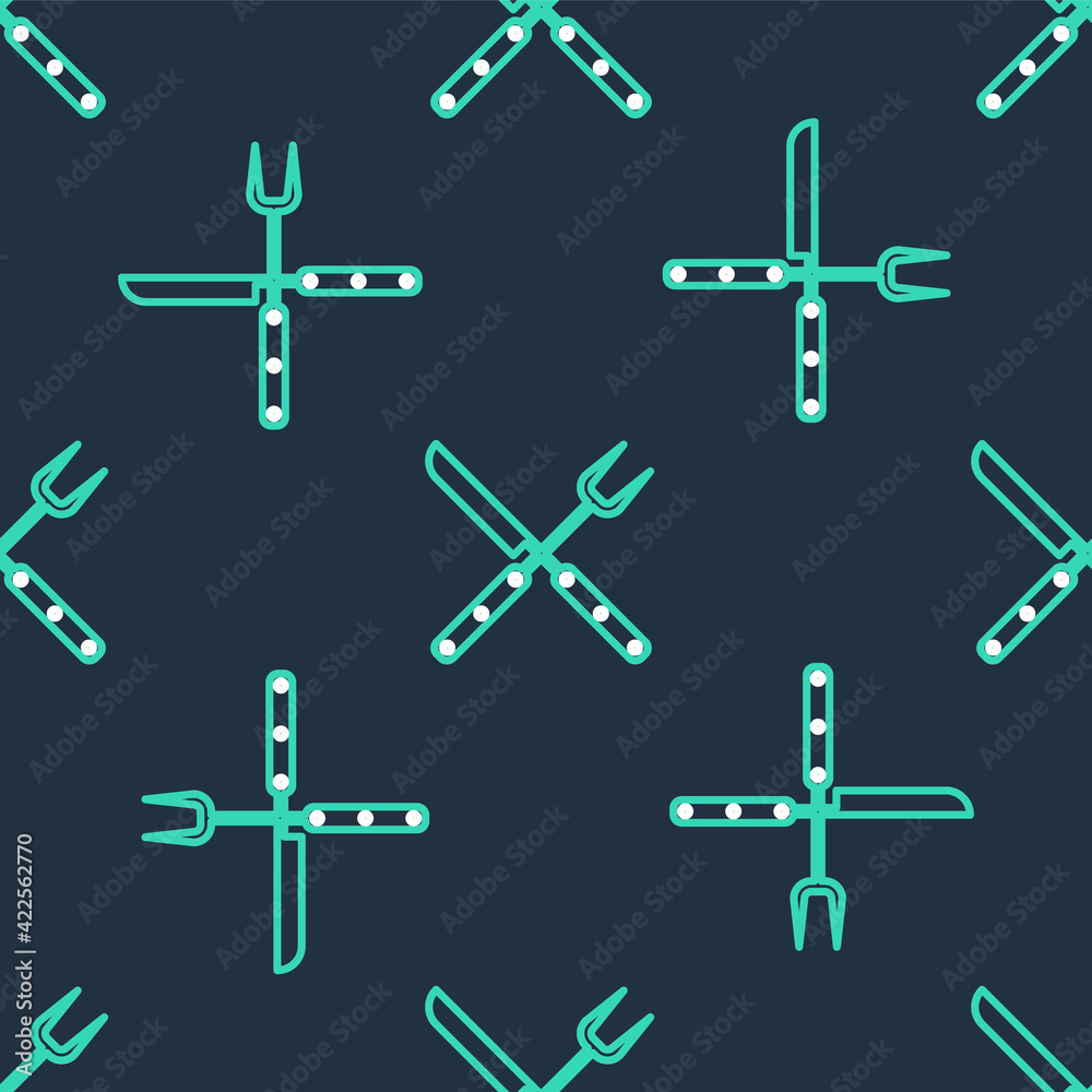 Line Crossed fork and knife icon isolated seamless pattern on black background. BBQ fork and knife sign. Barbecue and grill tools. Vector Line Crossed fork and knife icon isolated seamless pattern on black background. BBQ fork and knife sign. Barbecue and grill tools. Vector