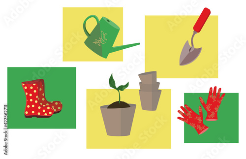 cute colorful set with things for planting a plant, illustration for catalogs, sites advertising shops about gardening on a white background, all elements are isolated