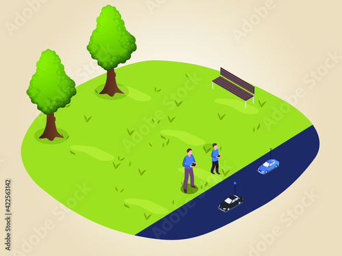 Father and son plays radio control car isometric 3d vector concept for banner, website, illustration, landing page, flyer, etc.