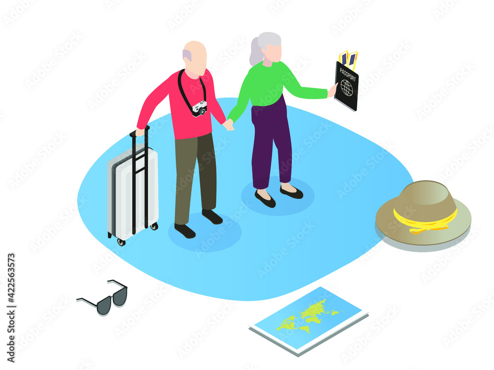 Elderly couple traveling isometric 3d vector concept for banner, website, illustration, landing page, flyer, etc. Elderly couple traveling isometric 3d vector concept for banner, website, illustration, landing page, flyer, etc.