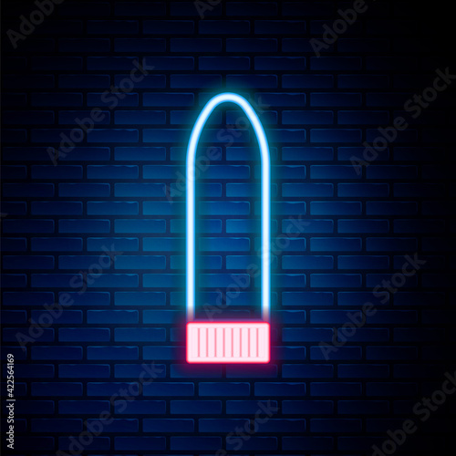 Glowing neon line Dildo vibrator for sex games icon isolated on brick wall background. Sex toy for adult. Vaginal exercise machines for intimate. Colorful outline concept. Vector