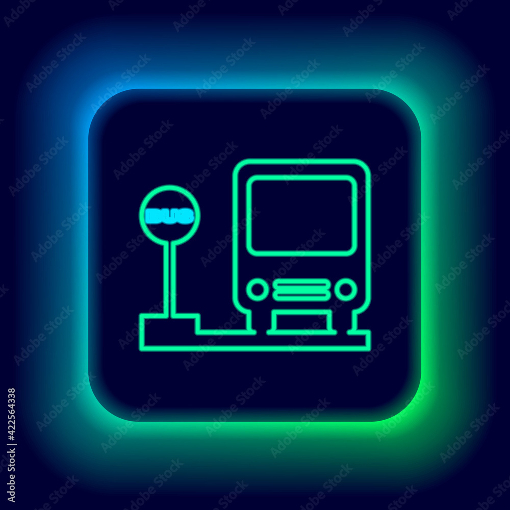 Glowing neon line Bus stop icon isolated on black background. Transportation concept. Bus tour transport sign. Tourism or public vehicle symbol. Colorful outline concept. Vector