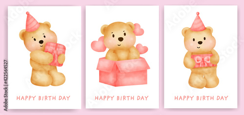 Happy birthday greeting cards set with cute bear.