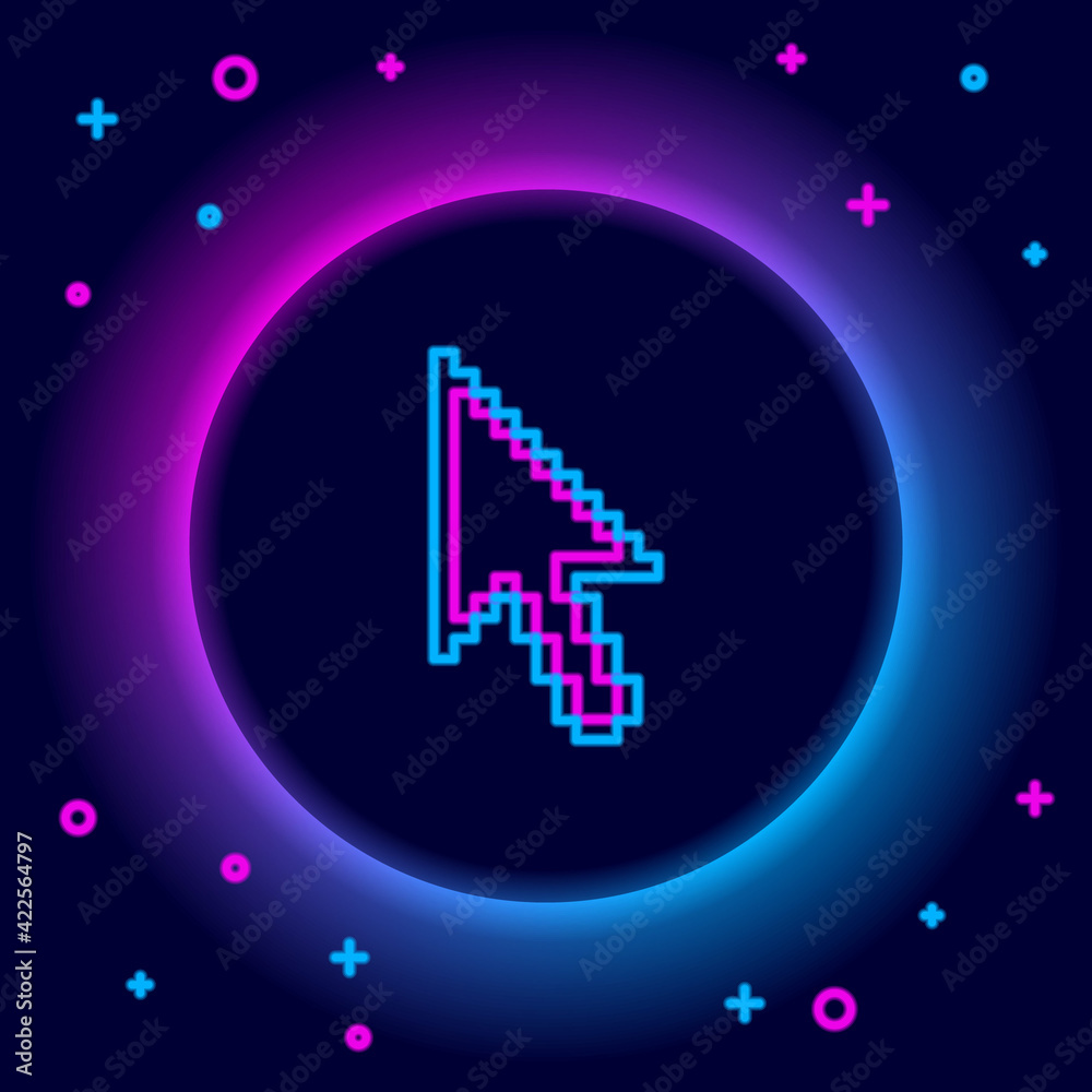 Glowing neon line Pixel arrow cursor icon isolated on black background. Colorful outline concept. Vector