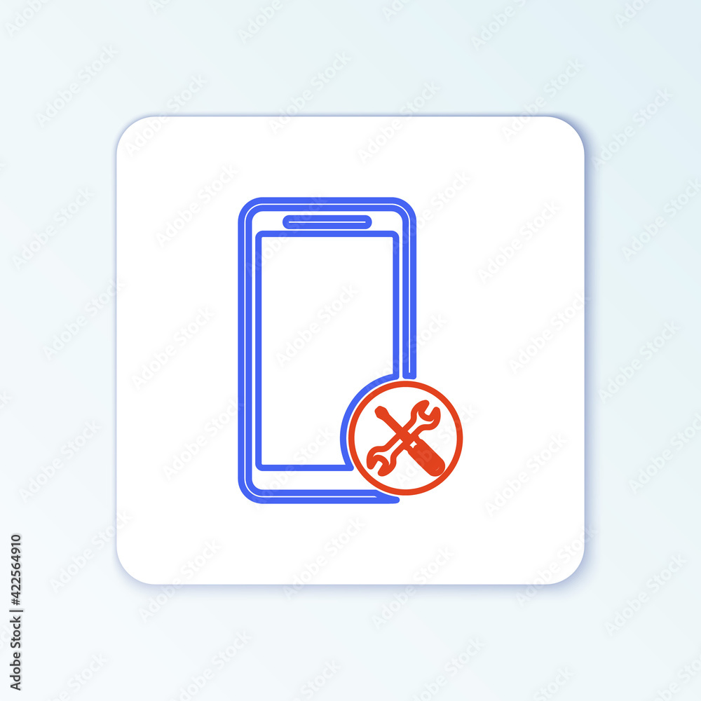 Line Smartphone with screwdriver and wrench icon isolated on white background. Adjusting, service, setting, maintenance, repair, fixing. Colorful outline concept. Vector Line Smartphone with screwdriver and wrench icon isolated on white background. Adjusting, service, setting, maintenance, repair, fixing. Colorful outline concept. Vector