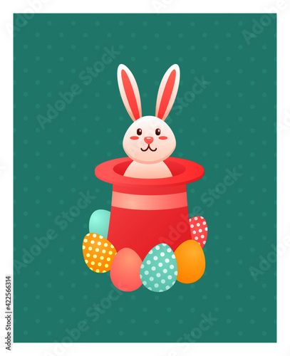 Easter white rabbit in a hat on polka dot background. The cute little bunny in pink hat. The magic and tricks show, easter concept. Stock flat vector illustration for web and print.