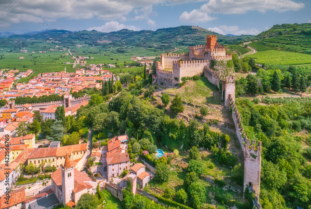 Aerial view to Soave castle, Soave, Verona, Italy