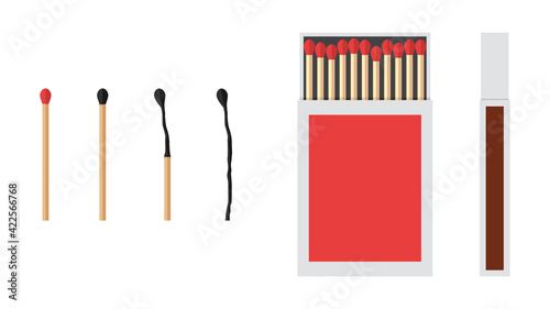 Set of matches isolated on white background. Burning and burnt matches. Vector illustration