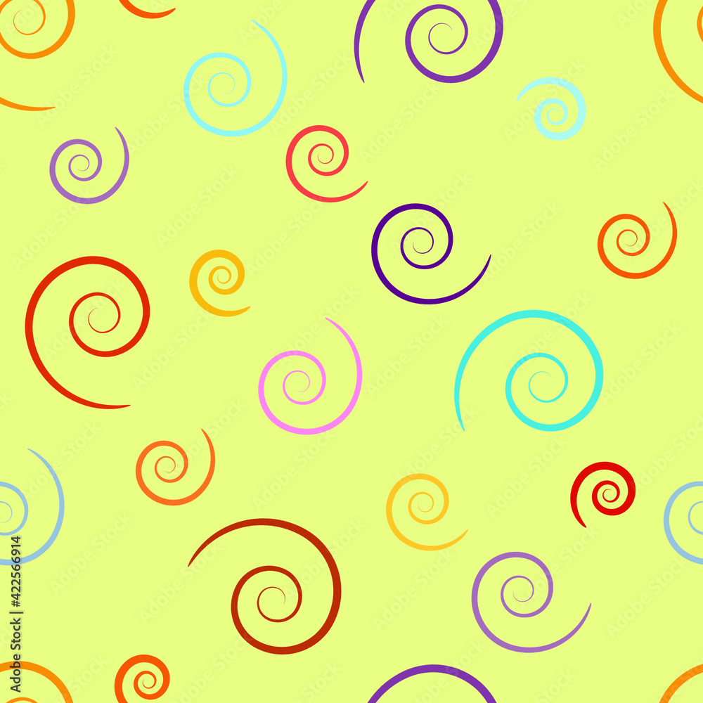 Seamless childish background in bright colors. Pattern of spirals. Vector design.