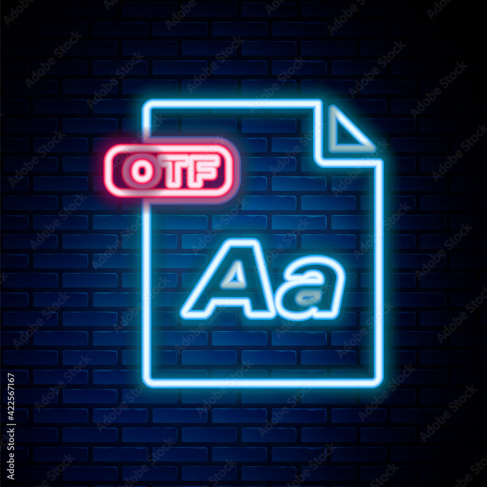 Obraz premium Glowing neon line OTF file document. Download otf button icon isolated on brick wall background. OTF file symbol. Colorful outline concept. Vector
