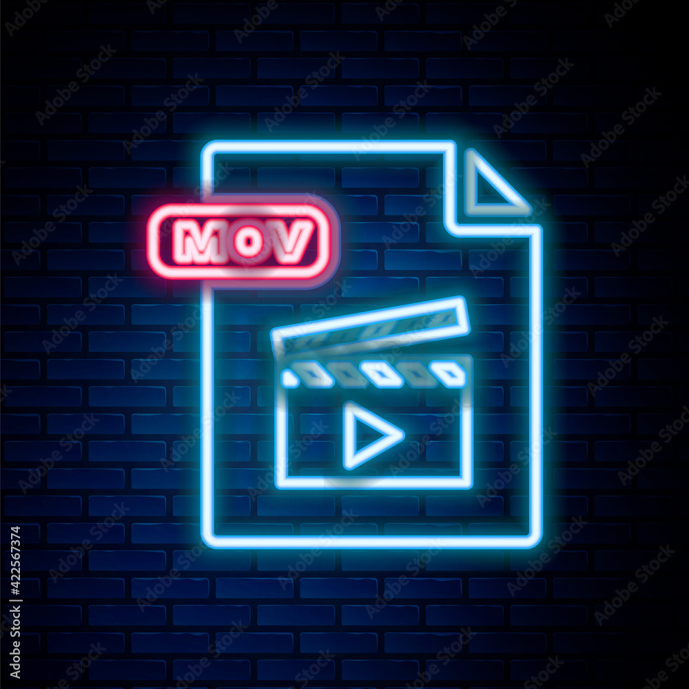 Glowing neon line MOV file document. Download mov button icon isolated on brick wall background. MOV file symbol. Audio and video collection. Colorful outline concept. Vector Glowing neon line MOV file document. Download mov button icon isolated on brick wall background. MOV file symbol. Audio and video collection. Colorful outline concept. Vector