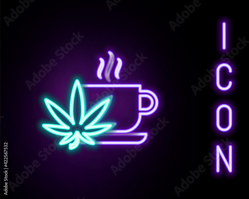 Glowing neon line Cup tea with marijuana or cannabis leaf icon isolated on black background. Marijuana legalization. Hemp symbol. Colorful outline concept. Vector