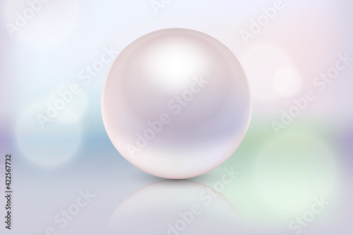 Vector 3d Realistic Beautiful Natural Pearl Closeup with Reflection on Blurred Muliticolor Background. Design Template of for Graphics. Cosmetic  Jewelry Concept. Front View