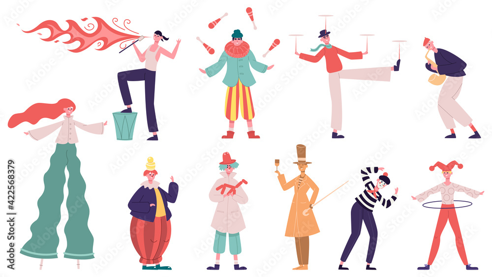 Street performance artists. Festival performing show characters, juggler, fakir and living statue. Artistic street performance vector illustration set